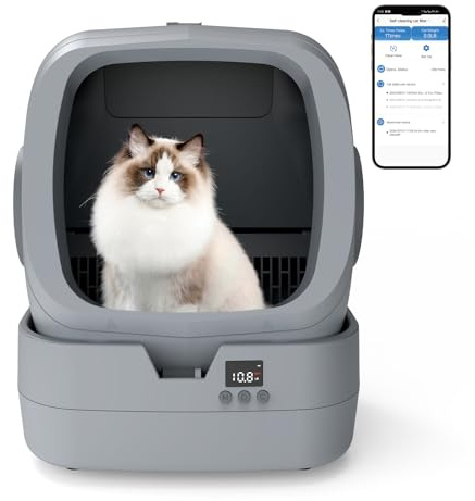 UPFAS Automatic Cat Litter Box Self Cleaning - APP Control - Weight Monitoring - Ultra-Quiet, Medium Cats and Kittens Litter Box, Safe Anti-Pinch【Assembly Required】- Grey
