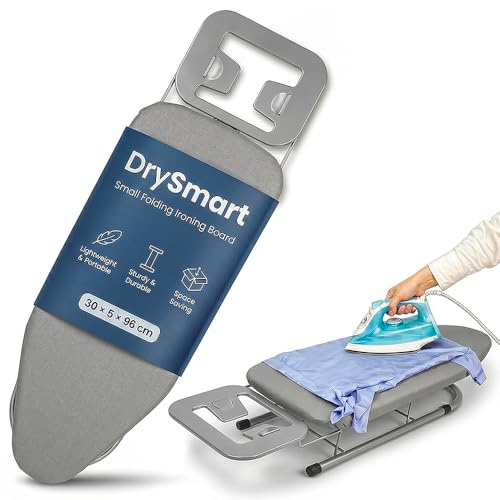 DrySmart Table Top Ironing Board - Small Folding Iron Table with Ironing Board Cover, Non-Slip Legs, Lightweight & 76×30cm Compact Pressing Surface, Easy Storage for Home Laundry Use (Grey)