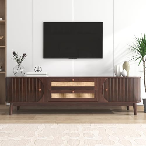 VIIOOIIV Oval TV Stand Unit with Sliding Doors, TV Console Table, Modern Entertainment Cabinet with Rattan Drawers and Storage for Living Room, Office, Bedroom Walnut (170 * 39.5 * 46 cm)