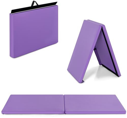 COSTWAY 180x60x5cm Weichbodenmatte, 2 Fach klappbare Gymnastikmatte, Yogamatte mit Klettverschluss und 2 Tragegriffe, Klappmatte, Turnmatte für Gymnastik, Yoga, Fitness und Training (Lila)