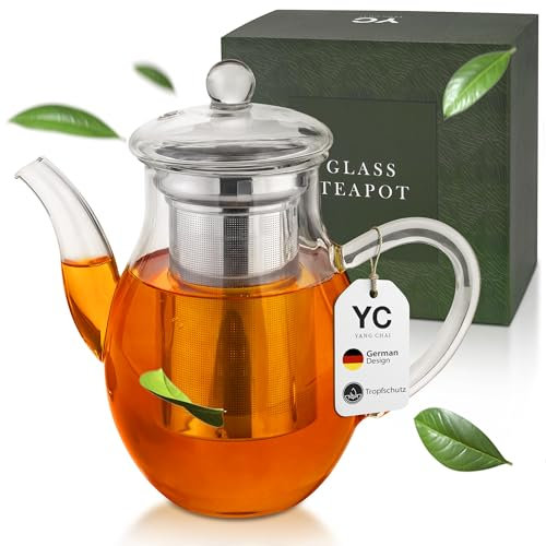 YC Yang Chai Teekanne aus Mundgeblasenem Glas Mit Teesieb 850 ml - Klar - Sieb aus 304 Edelstahl I Teapot 'Alice' - Hitzefest und Mikrowellenbeständig