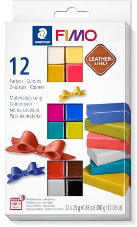 STAEDTLER 8013 C12-2 FIMO Leather-Effect ofenhärtende Modelliermasse (für kreative Objekte im Leder-Look, lederähnliche Optik und Haptik, Set mit 12 Farben)