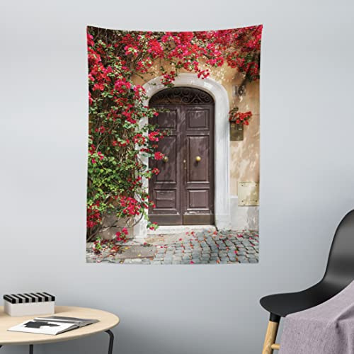 ABAKUHAUS marokkanisch Wandteppich, Alte Tür mit Blumen aus Weiches Mikrofaser Stoff Waschbar ohne Verblassen Digitaldruck, 110 x 150 cm,Rot Braun