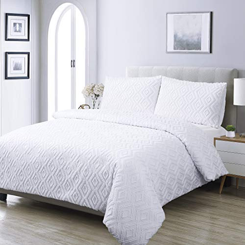 YINFUNG White Duvet Cover Double Bed 3 Pieces Tufted Geometric Quilt Cover Double with 2 Pillowcases Easy Care (White Double 200×200cm+50×75cmx2)