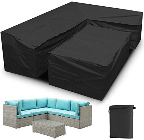 2PCS Housse Protection Canape Angle Extérieur en Forme L, Housse Protection pour Meubles Jardin, Couverture Canape d'angle Exterieur Impermeable Anti-UV 420D, Noir,270x270x90cm+155x95x68cm