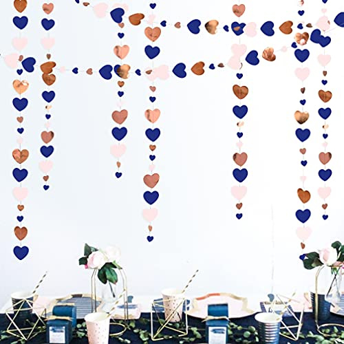 Girlande in Herzform, 150 m, Rotgold, Blau und Rosa, Papiergirlande, zum Aufhängen, für Jahrestag, Muttertag, Bachelorette, Verlobung, Hochzeit, Baby, Brautparty, Geburtstag, Party-Dekoration