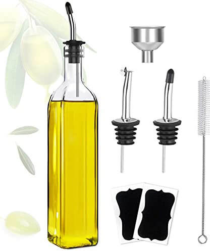 Bouteille d'huile, bouteille d'huile et de vinaigre 500 ml, verre carré haut avec 2 becs en acier inoxydable, 2 étiquettes et 1 entonnoir pour bouteilles d'huile pour la cuisine