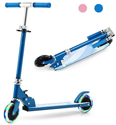 GOPLUS Trottinette Enfant 3 Ans+, Trottinette Pliable, 2 Roues Lumineuses, Guidon Réglable Alu 3 Hauteurs 70/75/80 cm, Système de Freinage Arrière, pour Garçons et Filles, Charge Max. 50 kg, Bleu