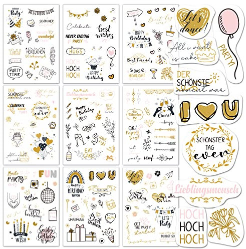 BIROYAL 9 Blätter Sticker Geburtstag Set - über 130 Aufkleber für Gästebuch Geburtstag, Fotoalbum, Geburtstagskarten & Geschenke - Geburtstag Deko voller Liebe für Kinder Erwachsene