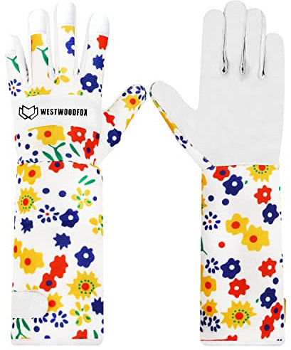 WESTWOOD FOX Leather Gardening Gloves Long Forearm Protection Sleeves Thorn Proof Work Gloves Rose Pruning Garden Safety Breathable Durable Thick Palm Gauntlet Gift for Men and Women (White, M)