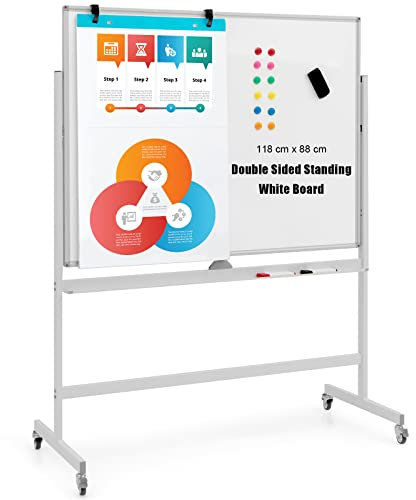 GIANTEX Mobiles Whiteboard mit Ständer, 120 x 90 cm Doppelseitige Magnettafel 160/180 cm höhenverstellbar & 360° drehbar, Magnetisch mit Stiftablage, für Schule, Zuhause & Büro (Weiß)
