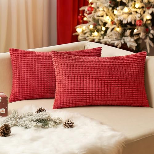 EMEMA Kordsamt Kissenbezug Granulat Dekorative Sofakissen Dekokissen Kissenbezüge Couchkissen Kissenhülle Weich Kissen Bezug Zierkissen für Sofa Couch Wohnzimmer 2er Set 30x50 cm Rot