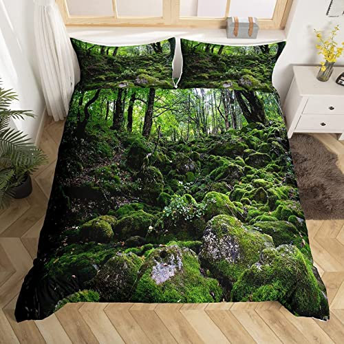 POKENE 3D Wald Bettwäsche 135x200 Moos Bettwäsche-Sets 3 Teilig Weich Mikrofaser Teenager Bettbezug Set mit Reißverschluss + 2 Kissenbezüge 80x80 cm