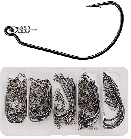 50pcs/Box Twistlock Fishing Hooks, High Carbon Steel Swimbait Hooks, Soft Plastic Fishing Hooks with Centering Spring pin Kit for Soft Worm Lures Baits Size 1/0 2/0 3/0 4/0 5/0