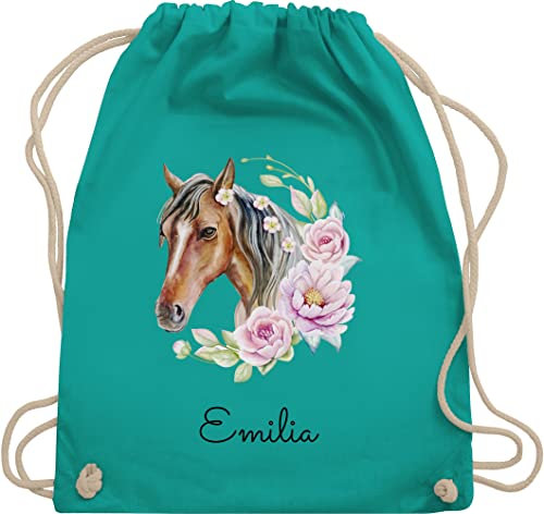 Turnbeutel Rucksack - Pferd Pferde - Wunschname Pferdekopf Name I Pferdemotiv I Geschenk Pferdemädchen - Unisize - Türkis - beutel für kindergarten pferderucksäcke pferden horse sportbeutel