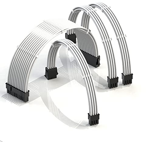LINKUP - AVA 50cm PSU Cable Extension Sleeved Custom Mod GPU PC Braided w/Comb Kit | 6-Pack | 1 x 24 P (20+4) | 1 x 8 P (4+4) CPU | 2 x 8 P (6+2) GPU set | 500mm - White -
