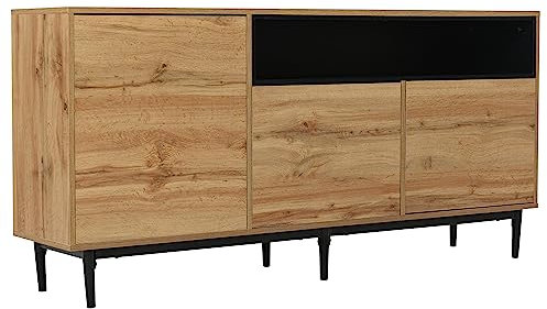 Azkoeesy Buffet pour salon de 160 cm avec 3 portes et pieds en métal, aspect bois, meuble TV, buffet, couleur naturelle