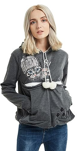besbomig Kapuzenpullover Damen Hoodie mit Katzen Hund Großen Tasche - Super Weich und Bequem Fleece Langarm Casual Katzenpulli Sweatshirt Pullover für Herbst Winter