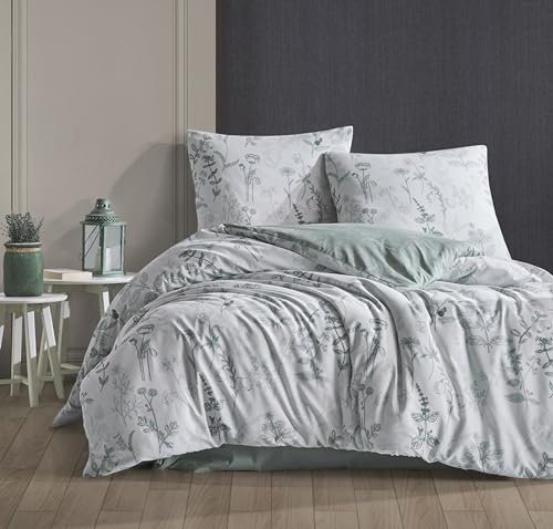 ZIRVEHOME Bettwäsche 200x200 cm. 3 teilig Set, weiß, 100% Baumwolle/Renforcé mit Reißverschluss Wende bettbezug grün geblümt Kissenbezug 80x80 cm. Pila V1