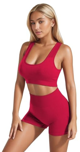 dohomiryo Damen 2-teiliges Nahtloses Trainingsanzug Laufbekleidung Fitness Kleidung Yoga Outfit Jogginganzug Set Freizeitanzug Rot L