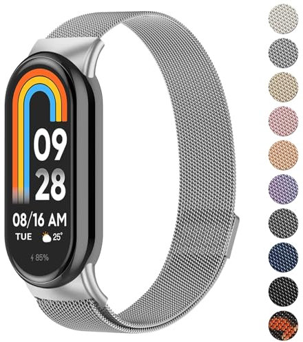 Oumida für Xiaomi Mi Smart Band 8 Armband Herren Damen, Metall Armbänder Edelstahl Mesh Uhrenarmband Magnetisch Verstellbar Sport Ersatzarmband für Xiaomi Mi Band 8 Ersatzbänder, Silber