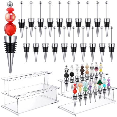 Menkxi 20 Pcs Beadable Wine Bottle Stoppers and 16 Slot Clear Acrylic 2 Tier Riser Wine Stopper Holder Wine Stopper Display Stand Rack for Countertop, 9.45''L x 4.72''H x 3.94''W
