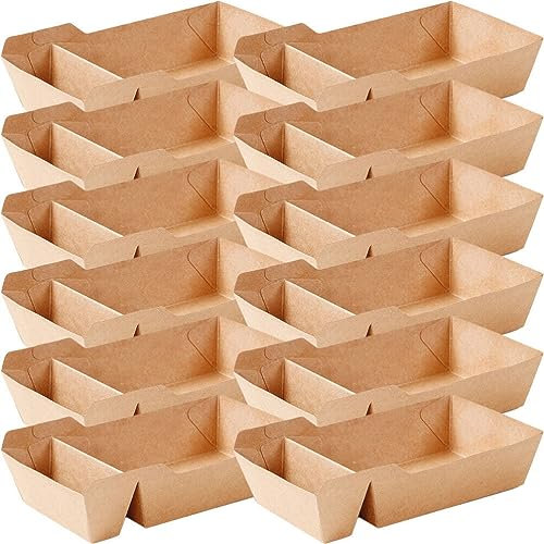 JECOMPRIS 50pcs Kraft Paper Food Tray 2 Compartment Serving Boat Disposable Fast Food Snack Holder Serving Basket for Hot Dog French Fries Taco BBQ Popcorn