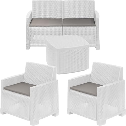 ipae progarden | Set Como, Wohnzimmer aus Polypropylen in Rattan-Optik, geflochten, mit 2-Sitzer-Sofa, 2 Sesseln und Couchtisch mit Stauraum, hergestellt in Italien (weiß)