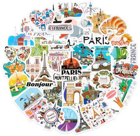 Tenare 50 Stück Aufkleber Frankreich Sticker Paris Aufkleber Paris Wasserfeste Urlaubsaufkleber Paris Reiseaufkleber für Wasserflasche Laptop Gepäck Scrapbooking Zeitschriftenkoffer Gitarre (France)