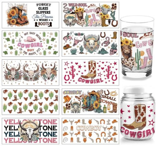 arricraft 10 Blatt UV DTF Cup Wrap, 10 Stil West Theme Cowboy Boots Cow Skull Rub On Transfers PVC-Papier Wasserdichte Rub-Abziehbilder Für DIY 16OZ Glasbecher Möbel Holzhandwerk
