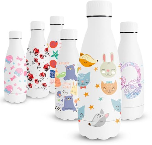 Vikaster Botella Termica Niños, 350ml Botella Agua Acero Inoxidable, Impresión 3D Termo, Pequeña Botella Térmica, Mantener 12H Caliente/24 Frío, Termo Sin BPA, Botella de Agua para Viaje, Escuela