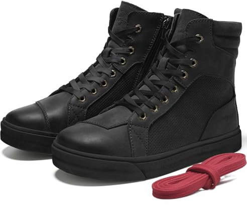 BORLENI Scarpe Moto Uomo in Pelle Stivali da Moto Retrò Scarpe da Ginnastica da Moto Traspiranti Casual Cerniera del Cambio Suola Antiscivolo (Nero 43)