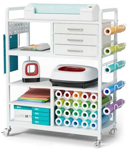 Homsorout Crafit Bastelwagen und Organizer-Tisch, kompatibel mit Cricut, Roll-Organizer mit 20 Vinyl-Rollenhalter, Bastelschrank, Arbeitsplatz, Werkzeughalter für Bastelraum, Heimbüro