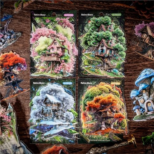 Arpaper Scrapbooking Stickers 64Pcs Bullet Journal Zubehör Decorative Stickers PET Transparent Material DIY Scrapbooking,Albums,Journals,Notebooks,Computers and more(Treehouse Stickers)