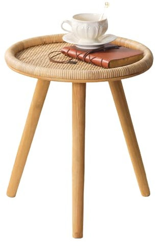 HuiDao Rattan Round Side Table, Boho Circle Coffee Table End Table for Living Room, Small Mid Century Accent Table for Bedroom Balcony