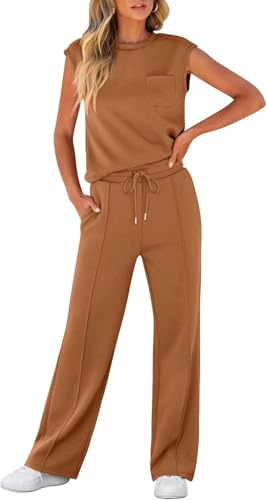 LLECDASEUI Women's Summer 2 Piece Outfits Casual Sleeveless Sweatsuits Matching Wide Leg Tracksuits Lounge Sets Fashion Clothes (M,Rust)