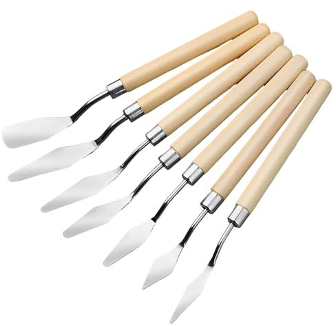 7 Pièces Spatule Peinture, Couteau Peinture en acier Inoxydable avec Manche en Bois, Kit Peinture pour Peinture à l'huile, Gouachea