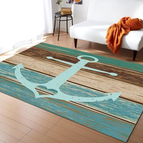 Teppich mit nautischem Anker, Ozean, Tee, Braun, Holz, rutschfest, für den Innenbereich, Kinderteppich, 70 x 140 cm, Bauernhaus, Stranddekoration, maschinenwaschbar und langlebig