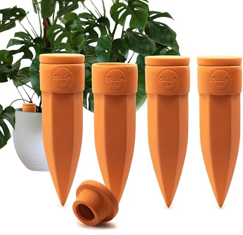 The Olla Company Terracotta Plant Watering Spikes - Large - Set of 4 with Lids Ideal for 8-12 Pots Perfect Holiday Plant Watering System And Daily Use For P Lovers
