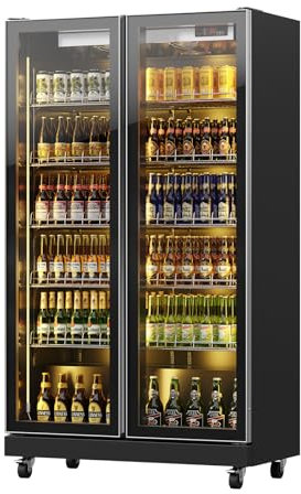 Malphi Tall Beer Fridge 2-8°C, Double Glass Auto Door, Large Drinks Refrigerator, Freestanding, Upright Beverage Cooler, Black, With Casters, Commercial (60 x 126 x 198 cm)