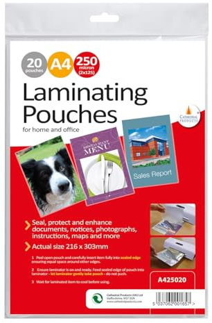 20 x A4 250 Micron Laminating Pouches with Crystal Clear Gloss Finish - Laminator Pouch Set for Home, Office, Business - Protect Important Documents, Posters, Images, Projects