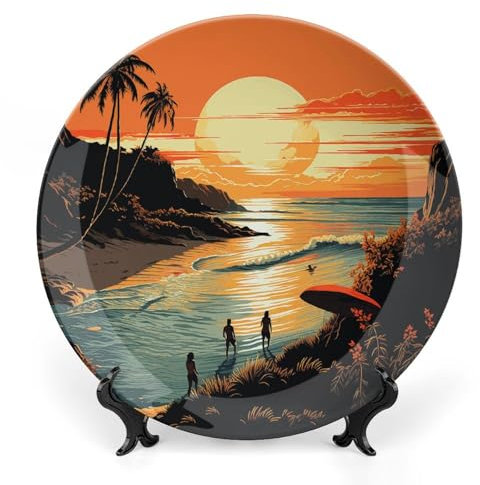 VFKLT Original-Poster für Endless Summer, gedrucktes Muster, Keramikteller, Speiseteller, Knochenporzellan, dekorative Teller mit Präsentationsständer, Kunstkeramikornamente für Wandbehang,