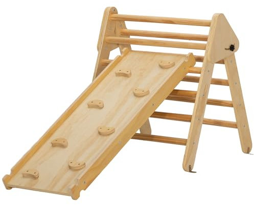 AIYAPLAY Triangle d'escalade, 3 en 1 Toboggan en Bois pour Grimper et Glisser, Aire de Jeux, pour Enfants 18-48 Mois, Charge Max. 50 kg, Bois Naturel