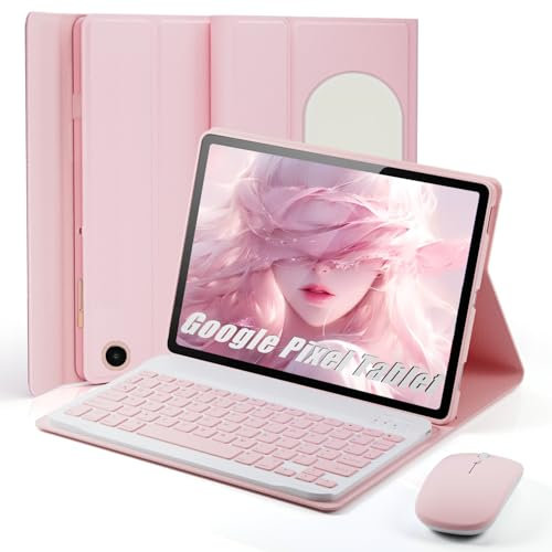 TUNKARMOR Keyboard Case for Google Pixel Tablet 11 inch 2023, Mouse and Detachable Keyboard, PU Leather Cover Case Auto Sleep/Wake - Pink