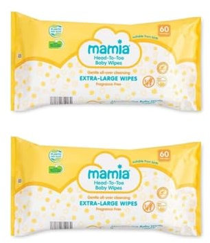 2×Aldi-Mamia - Head-To-Toe Baby Wipes - Extra-Large Wipes - Gentle All-over Cleansing - Fragrance Free | Suitable From Birth | 60wipes Each [TWIN PACK]