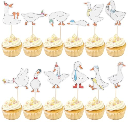 Tinoaly 24 Stück Alberne Gänse Cupcake Topper, Süße Weiße Gänse Geburtstagskuchen Dekorationen für Kindergeburtstagsparty Zubehör Babyparty Tierthema Kuchendekorationen