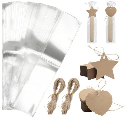 KQDRAVINE 200 Pièces Papier Transparent Emballage 5 × 25cm, Opp Sachet Transparent avec 40m Ficelle de Jute et 200 Étiquettes Cadeaux en Papier Kraft, Sachets pour Bougies Biscuit Bijoux Chocolats