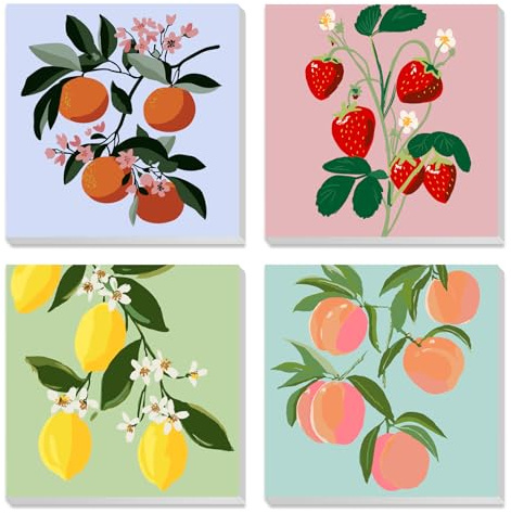 MXJSUA 4 Pack Framed Canvas Paint by Numbers for Kids Adults, Fruit Strawberries Paint by Numbers Kit for Children Beginners, DIY Acrylic Painting Craft Kits for Home Wall Decor, 20x20cm