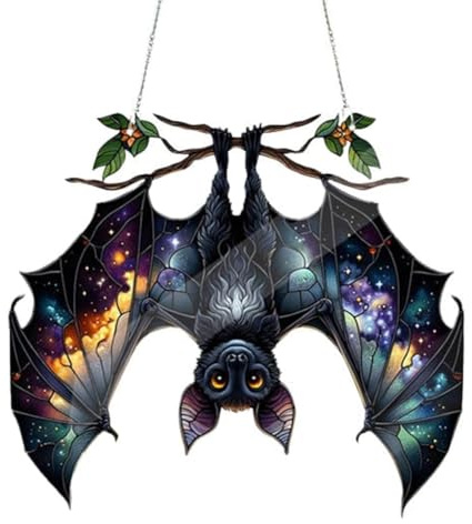 Correa Halloween Bat Stained Glass Window Hanging Acrylic Wall Art Decoration Ghosts Festival Colorful,B