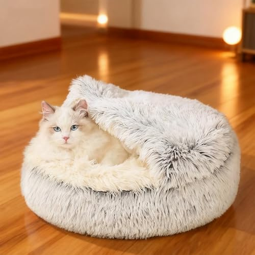 SHJOEE Flauschig Haustierbett Waschbar Katzenbett Hundebett Plüsch Katzenkissen Warm Kuschelbett mit Kapuze rutschfest Katzenkorb Hundekorb Weiches Schlafplatz für Katzen Kleine Mittelgroße Hunde